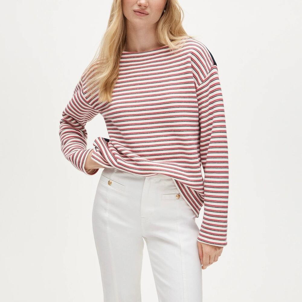 NWT J.Crew Heritage Terry Boatneck Sweatshirt Scarlet Stripe Ivory Size Large